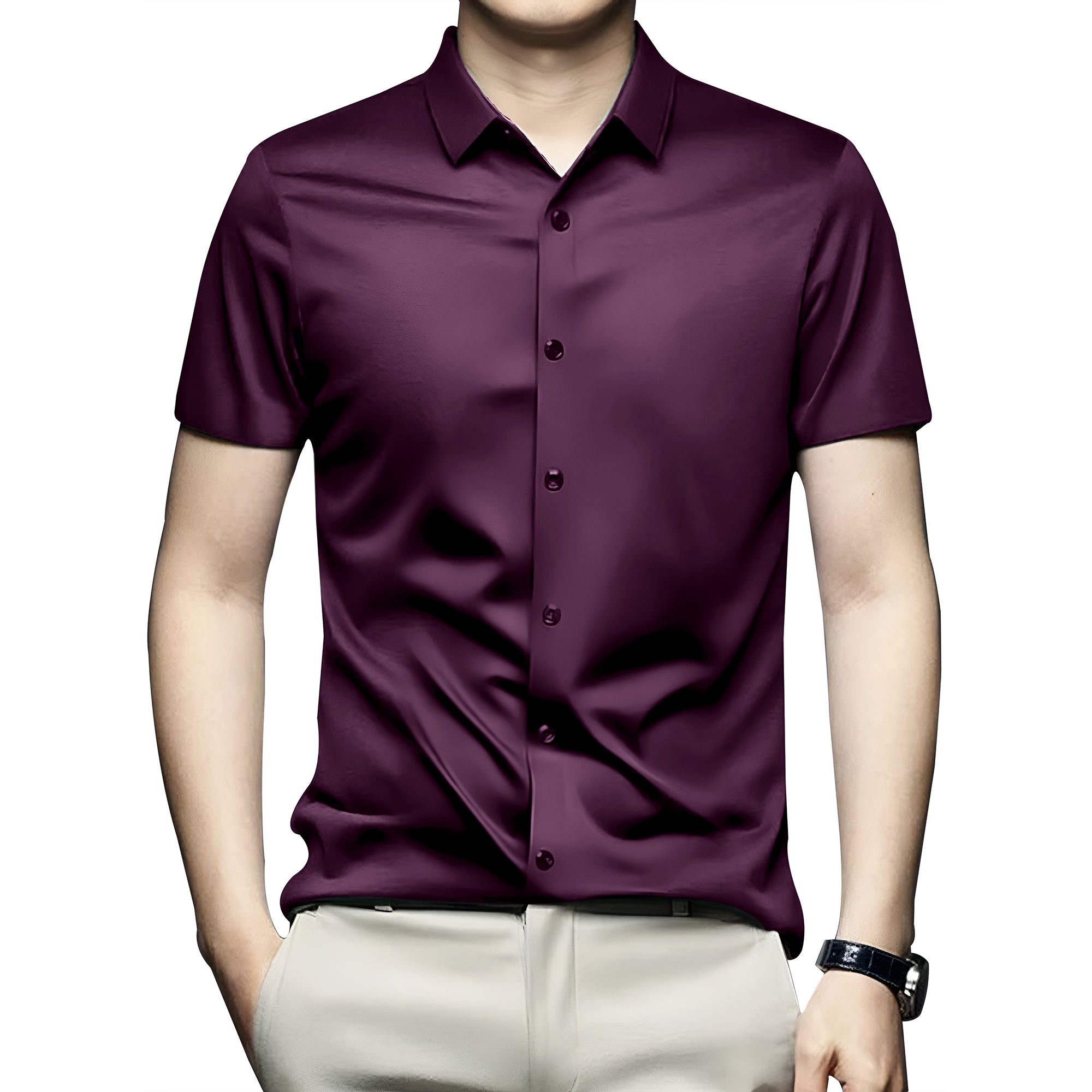 Men’s Satin Half Sleeve Formal Shirt – Premium Soft & Shiny Finish-Wine