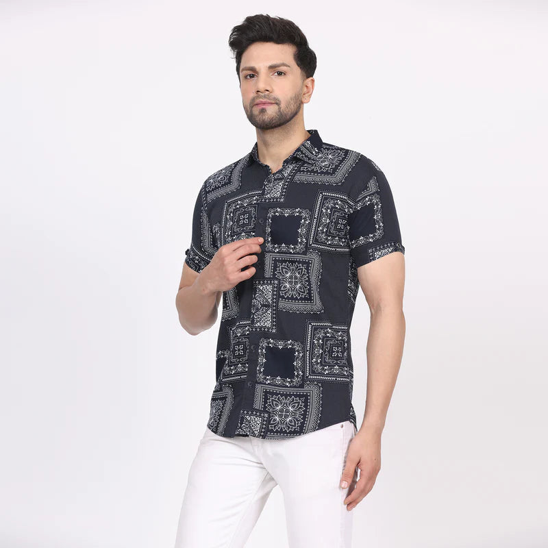 Men's Regular Fit Half Sleeve Printed Shirt-Black