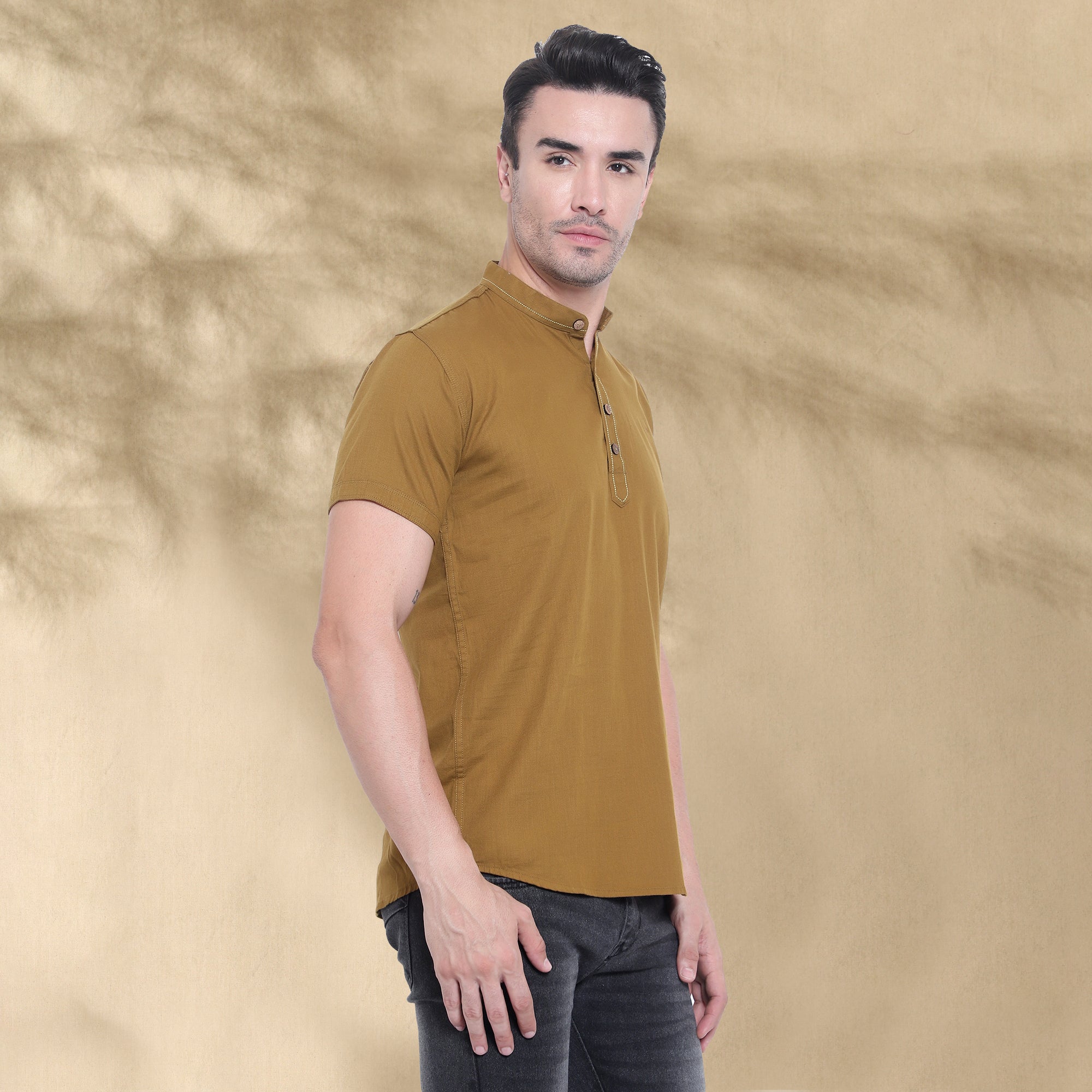 Men’s Half Sleeve Short Kurta – Casual & Ethnic Fusion Wear-Mustard
