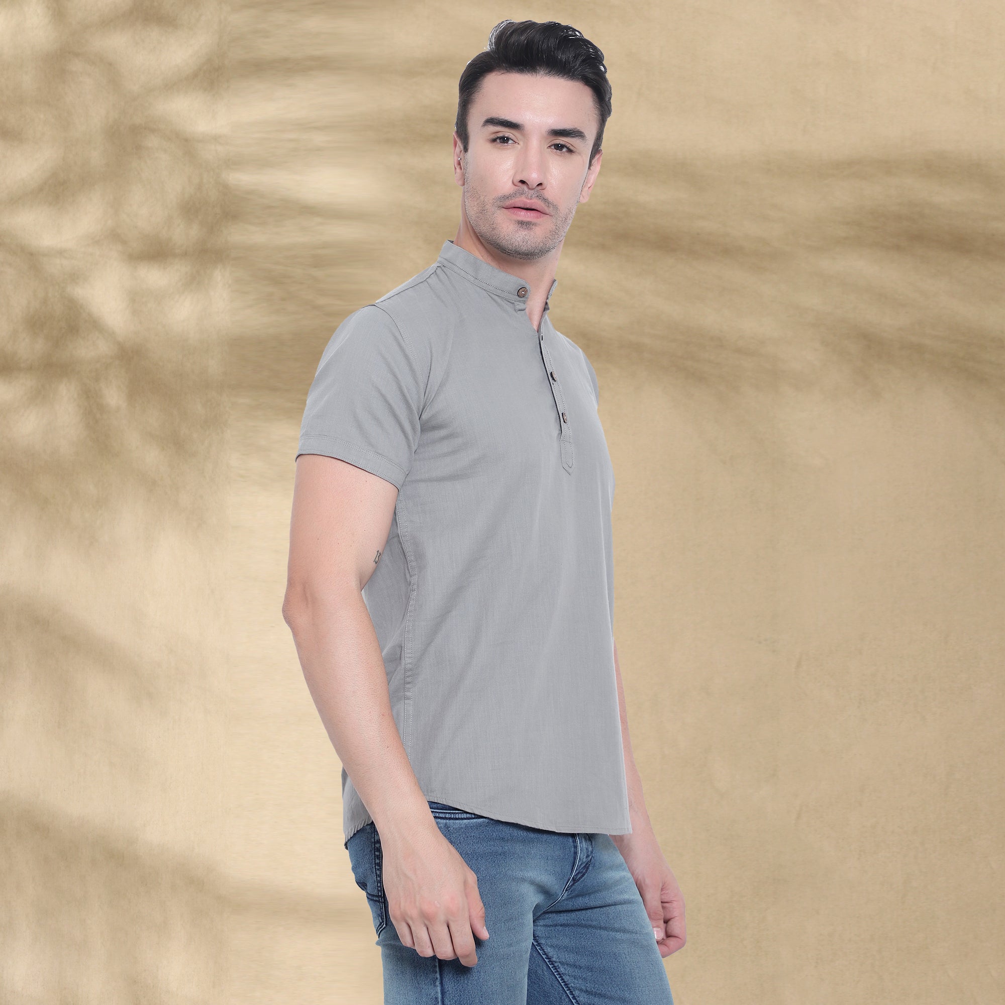 Men’s Half Sleeve Short Kurta – Casual & Ethnic Fusion Wear-Grey