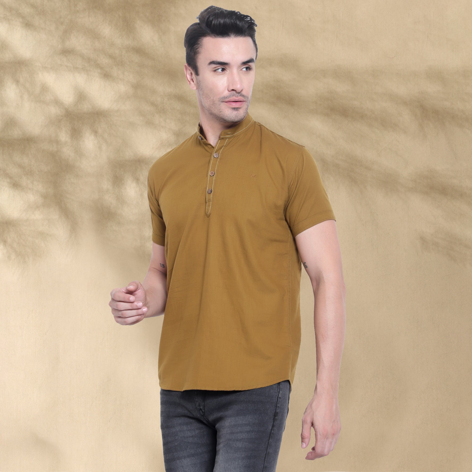 Men’s Half Sleeve Short Kurta – Casual & Ethnic Fusion Wear-Mustard