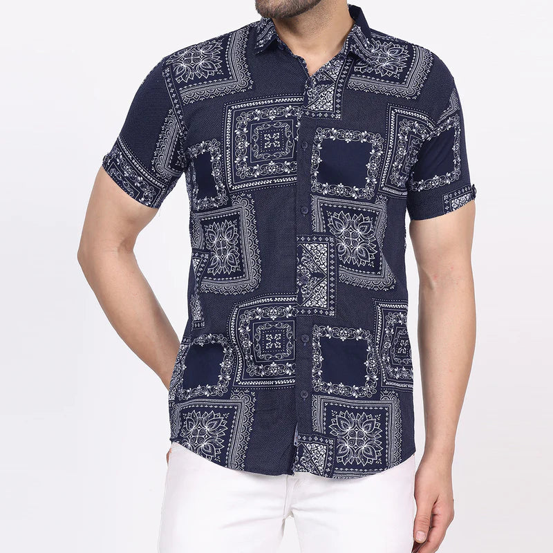 Men's Regular Fit Half Sleeve Printed Shirt-Navy Blue