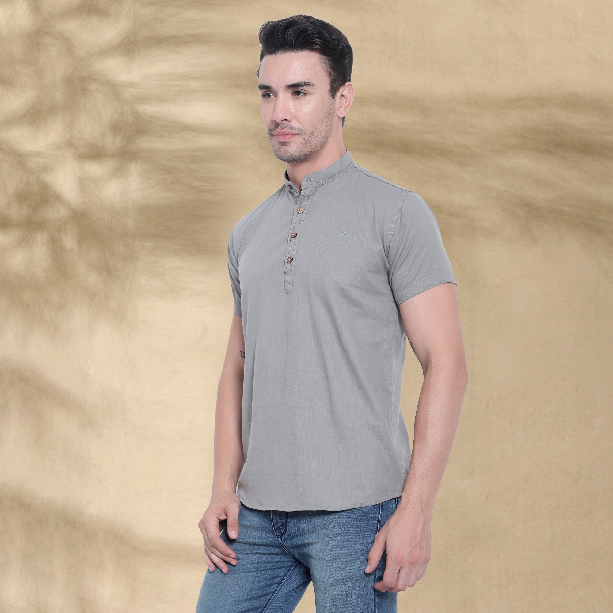 Men’s Half Sleeve Short Kurta – Casual & Ethnic Fusion Wear-Grey