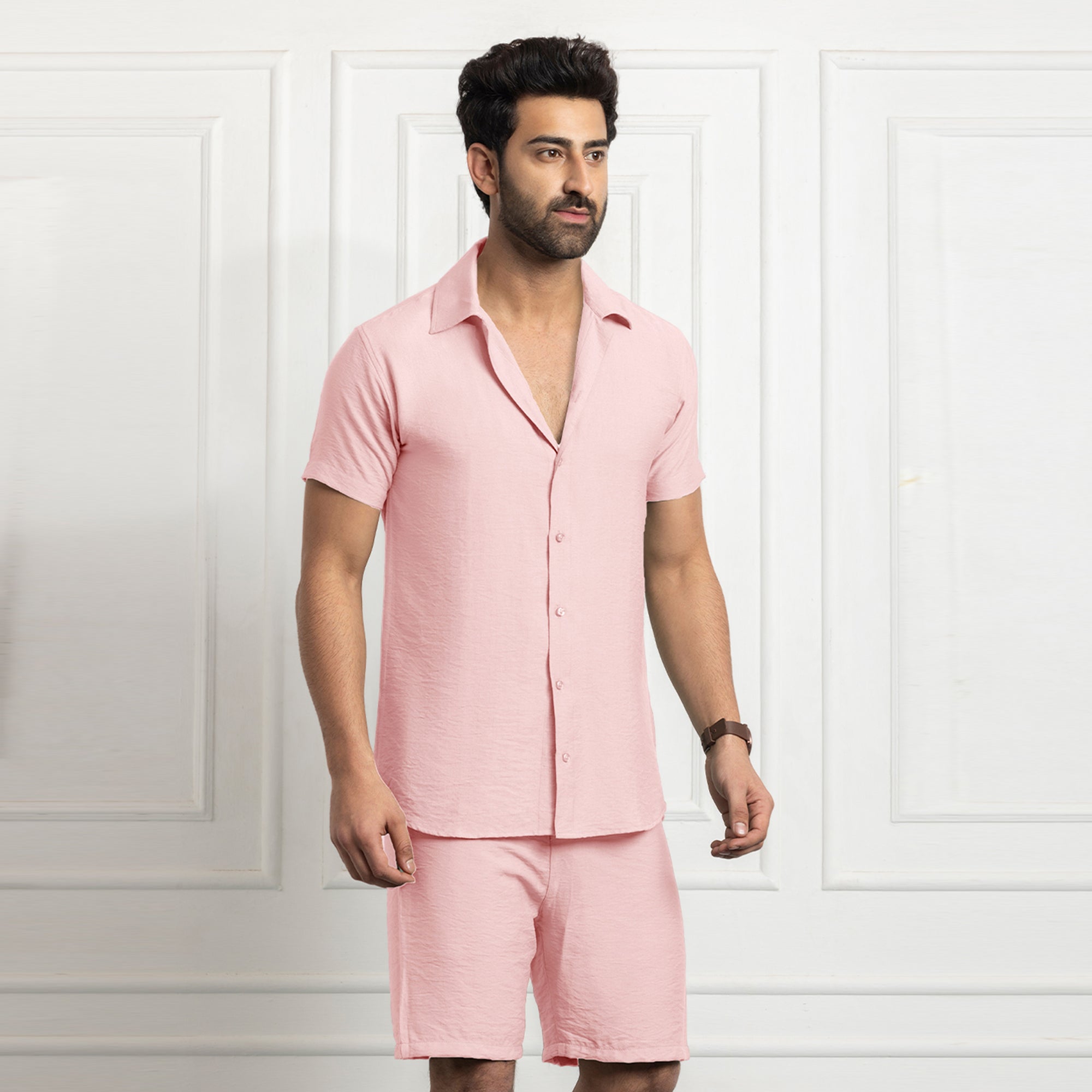 Men's Linen Shirt & Short Co-ords Set- Pink