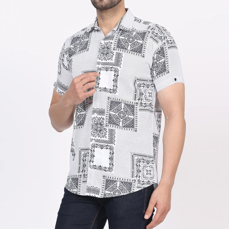 Men's Regular Fit Half Sleeve Printed Shirt-White