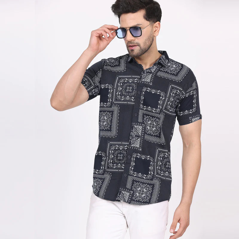 Men's Regular Fit Half Sleeve Printed Shirt-Black