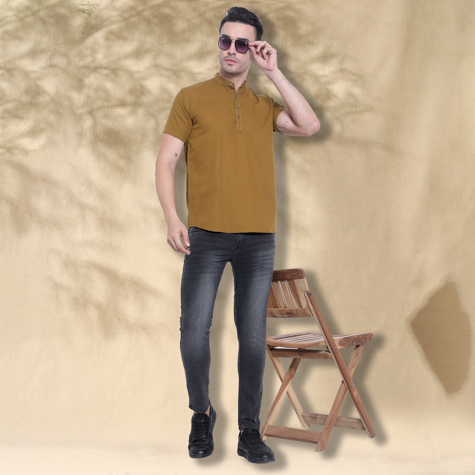 Men’s Half Sleeve Short Kurta – Casual & Ethnic Fusion Wear-Mustard