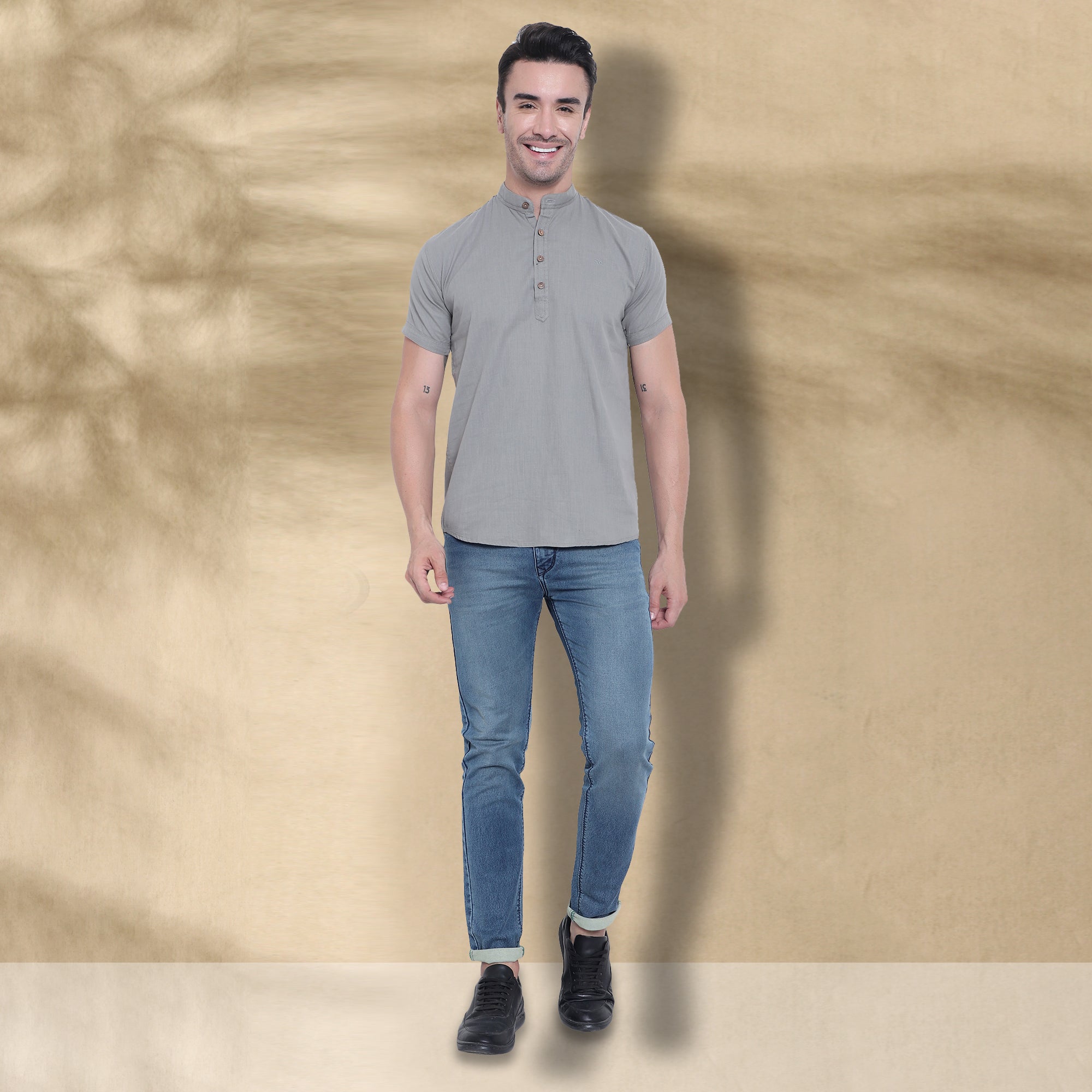 Men’s Half Sleeve Short Kurta – Casual & Ethnic Fusion Wear-Grey