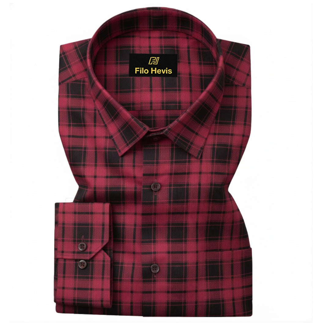 FORMAL COTTON CHECK SHIRTS FOR MEN - Red Plaid (Long Sleeve)
