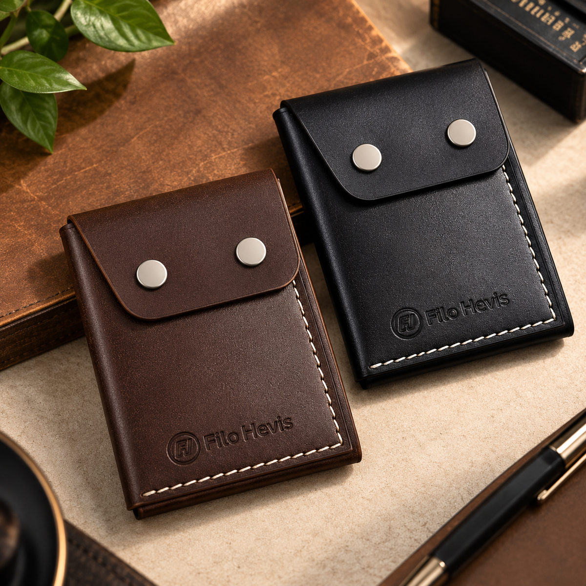 Leather Snap Button Wallet for Men – Compact Card Holder with Cash Pocket- Black