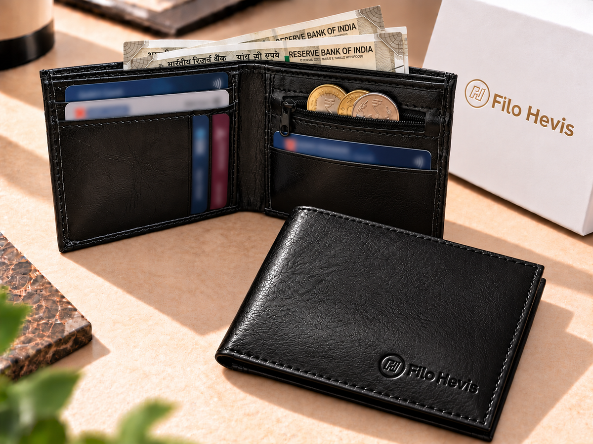 Black Leather Bifold Wallet for Men