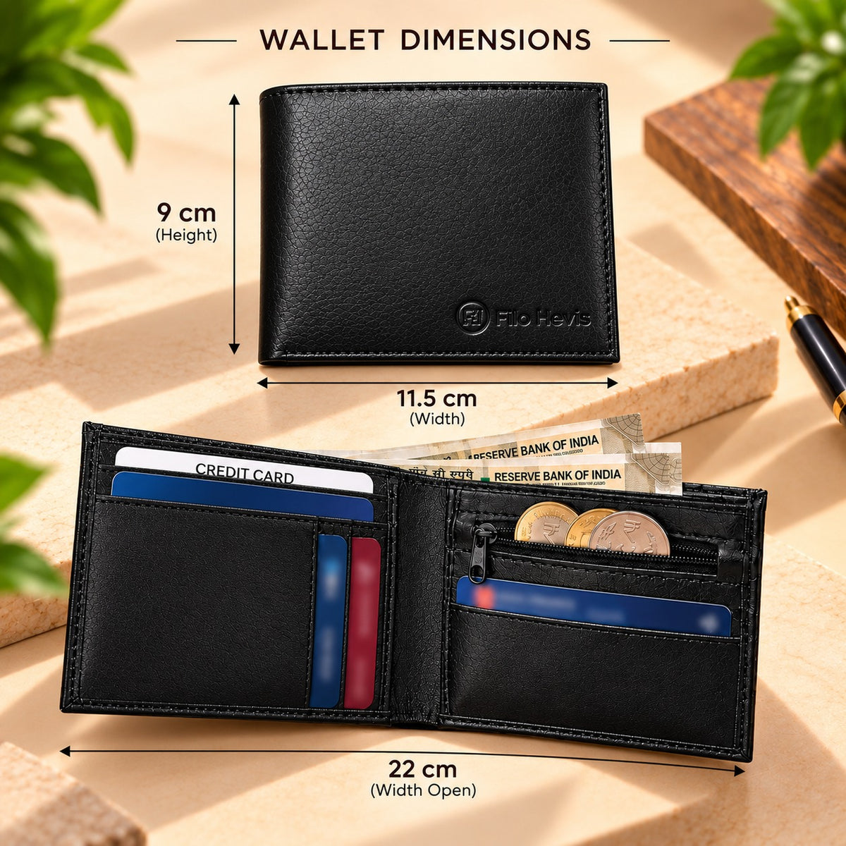 Black Leather Bifold Wallet for Men