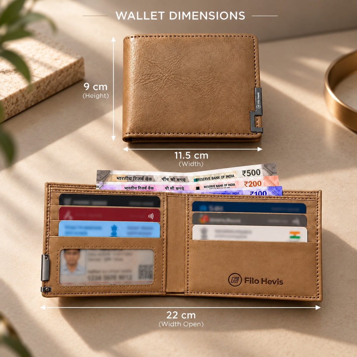 Tan Brown Men's Wallet with Multiple Card Slots & ID Window