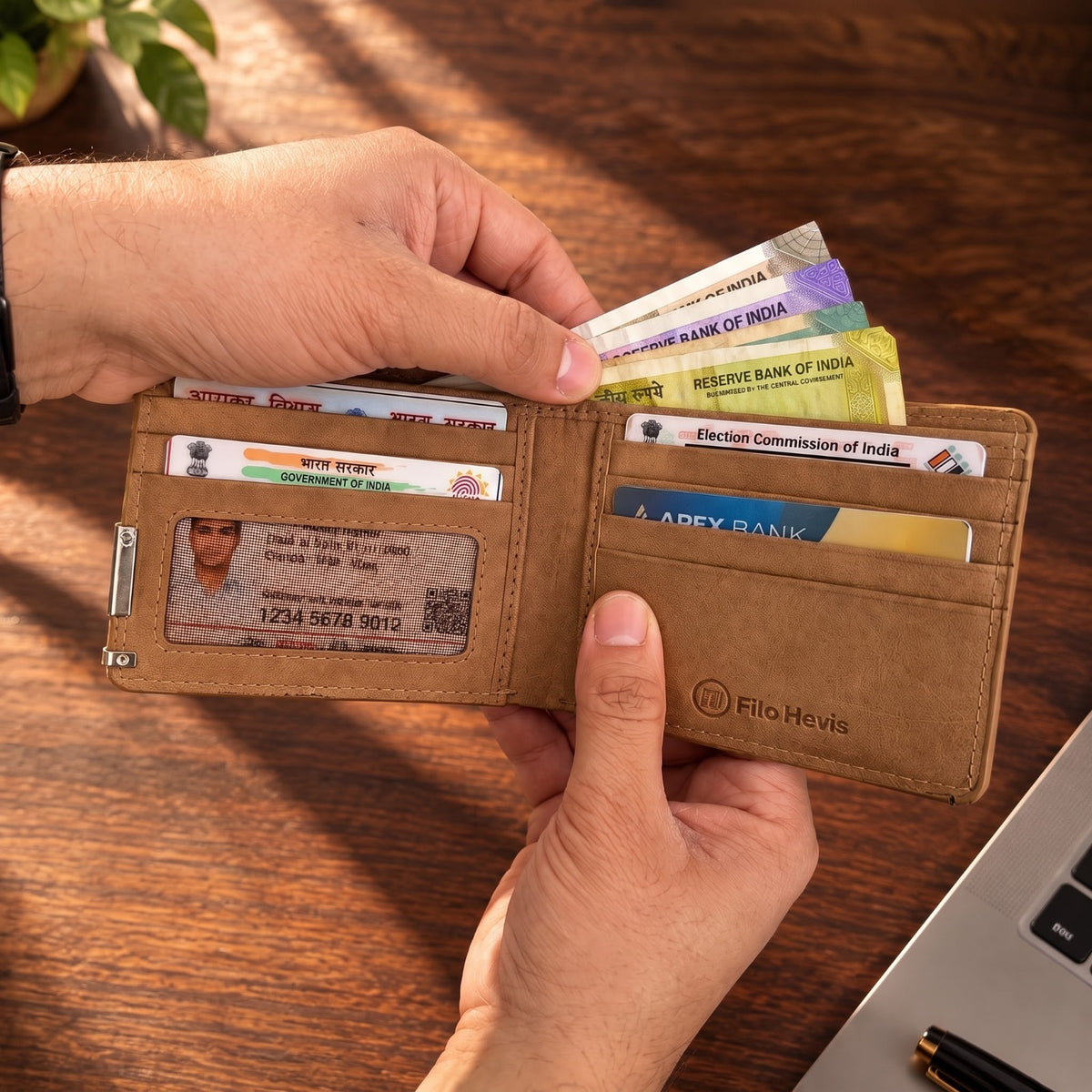 Tan Brown Men's Wallet with Multiple Card Slots & ID Window