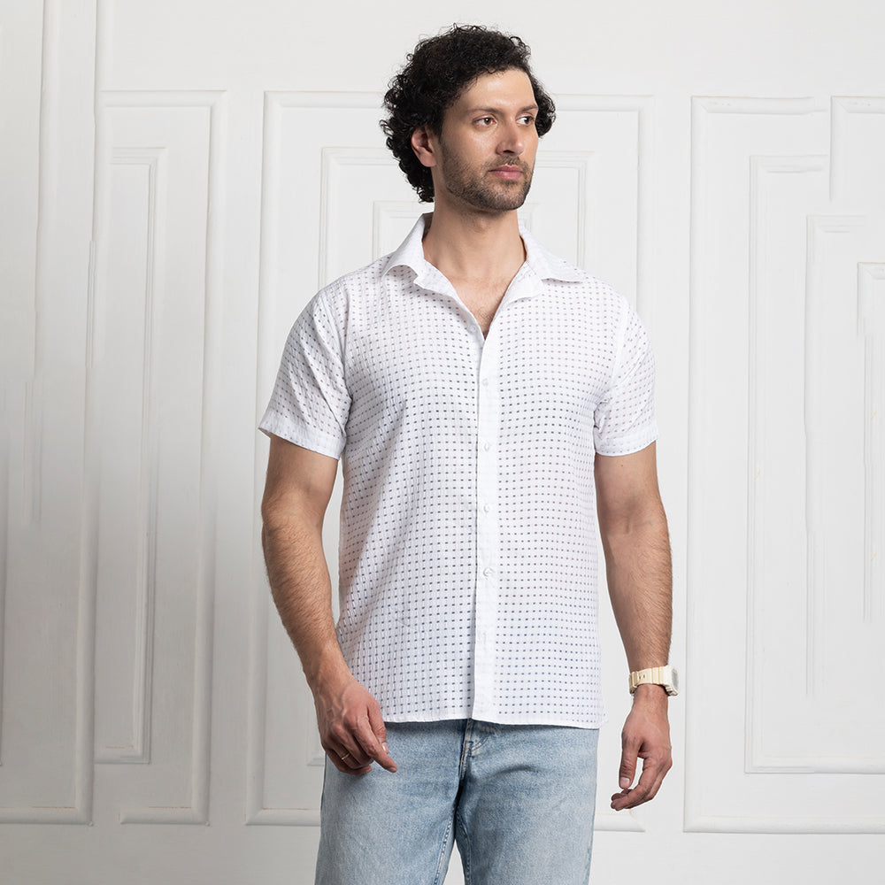 Men's Net Self Cuban Collar Casual Shirt White