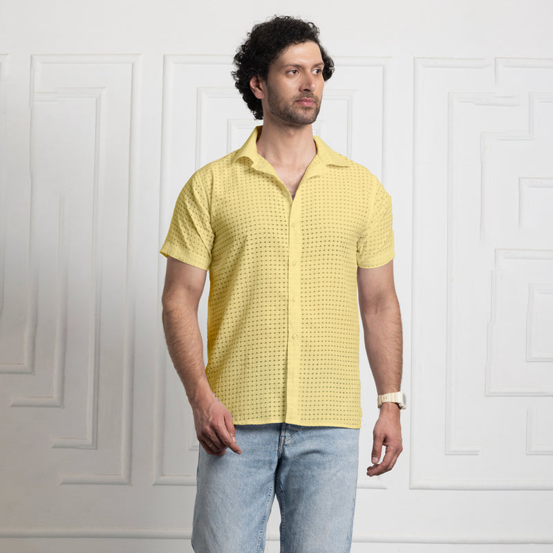 Men's Net Self Cuban Collar Casual Shirt Yellow