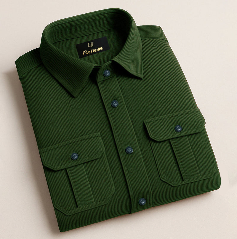 COTTON CORDUROY SHIRT FOR WINTER STYLE | 21-WALES CORDUROY | DOUBLE POCKET | Dark Green