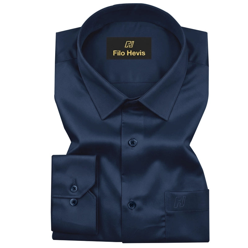 Platinum Cotton Satin Formal Shirt for Men - with Pocket | Navy Blue