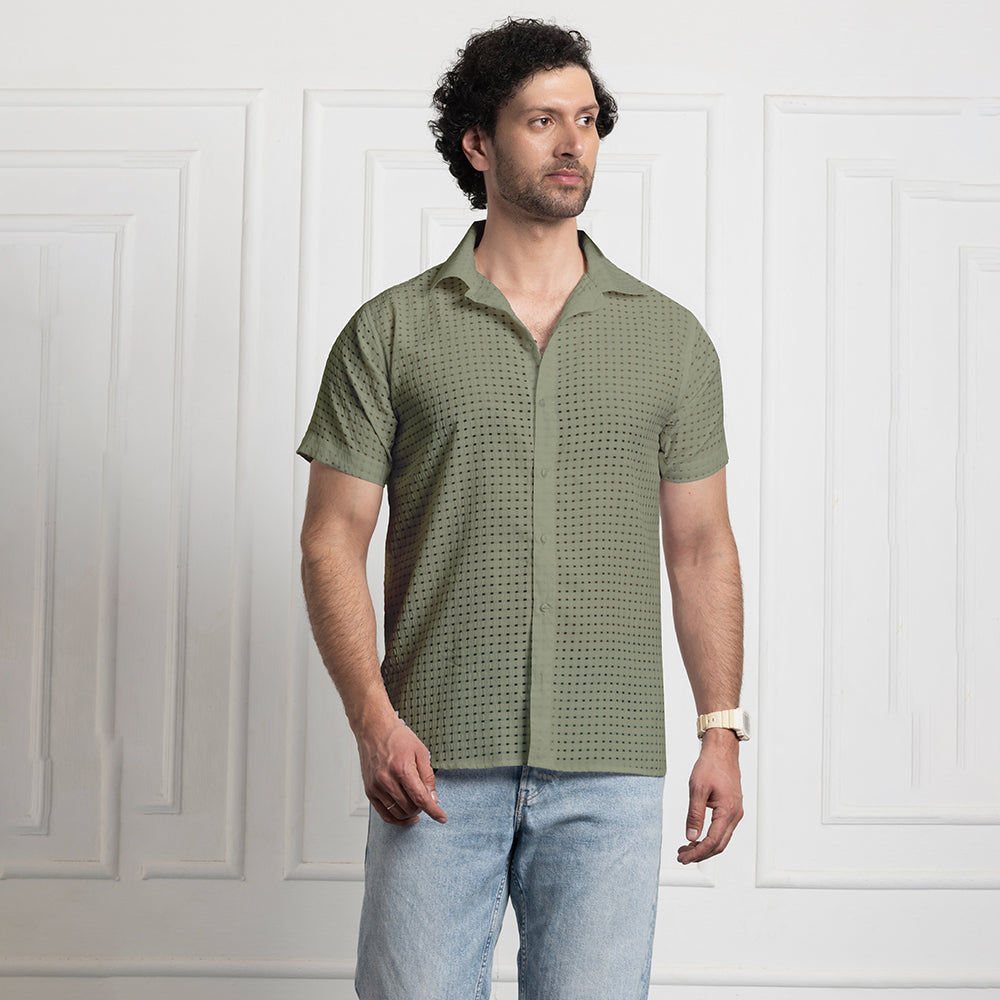 Men's Net Self Cuban Collar Casual Shirt Olive Green