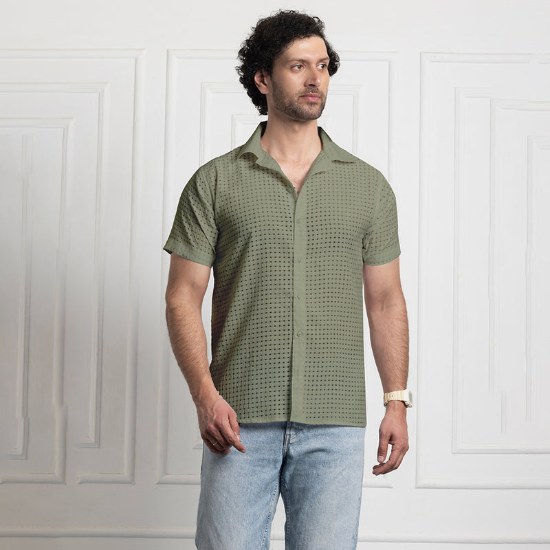 Men's Net Self Cuban Collar Casual Shirt Olive Green