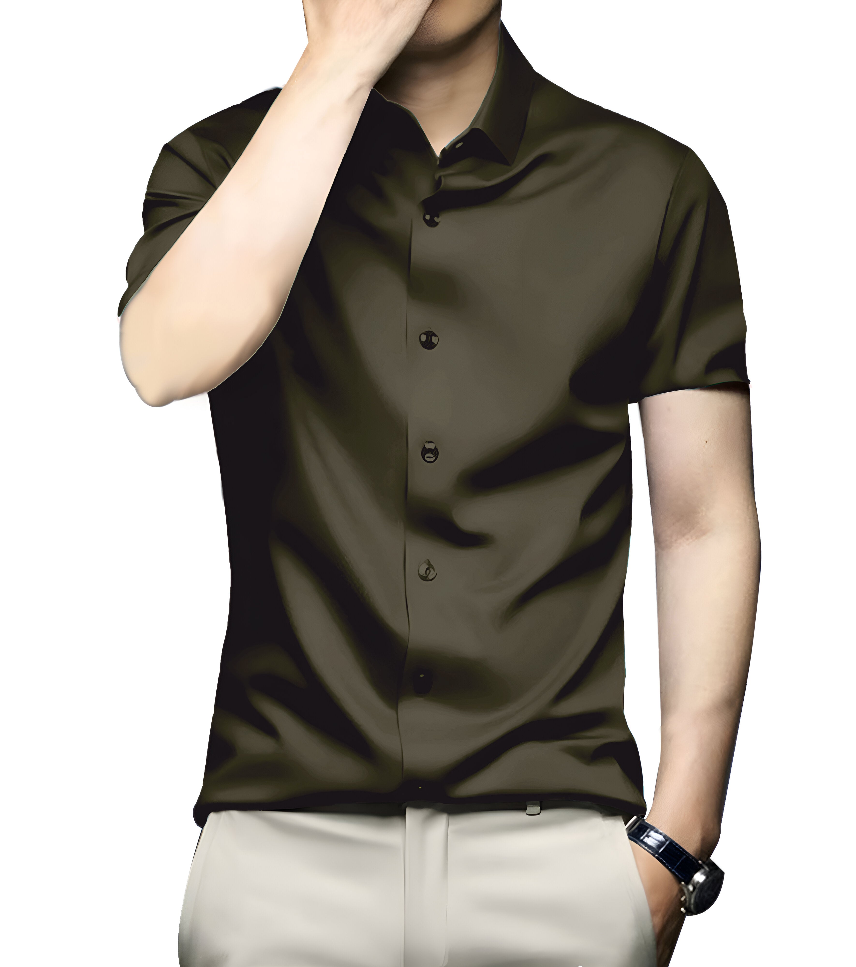 Men’s Satin Half Sleeve Formal Shirt – Premium Soft & Shiny Finish-Olive Green