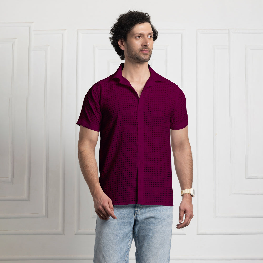 Men's Net Self Cuban Collar Casual Shirt Purple